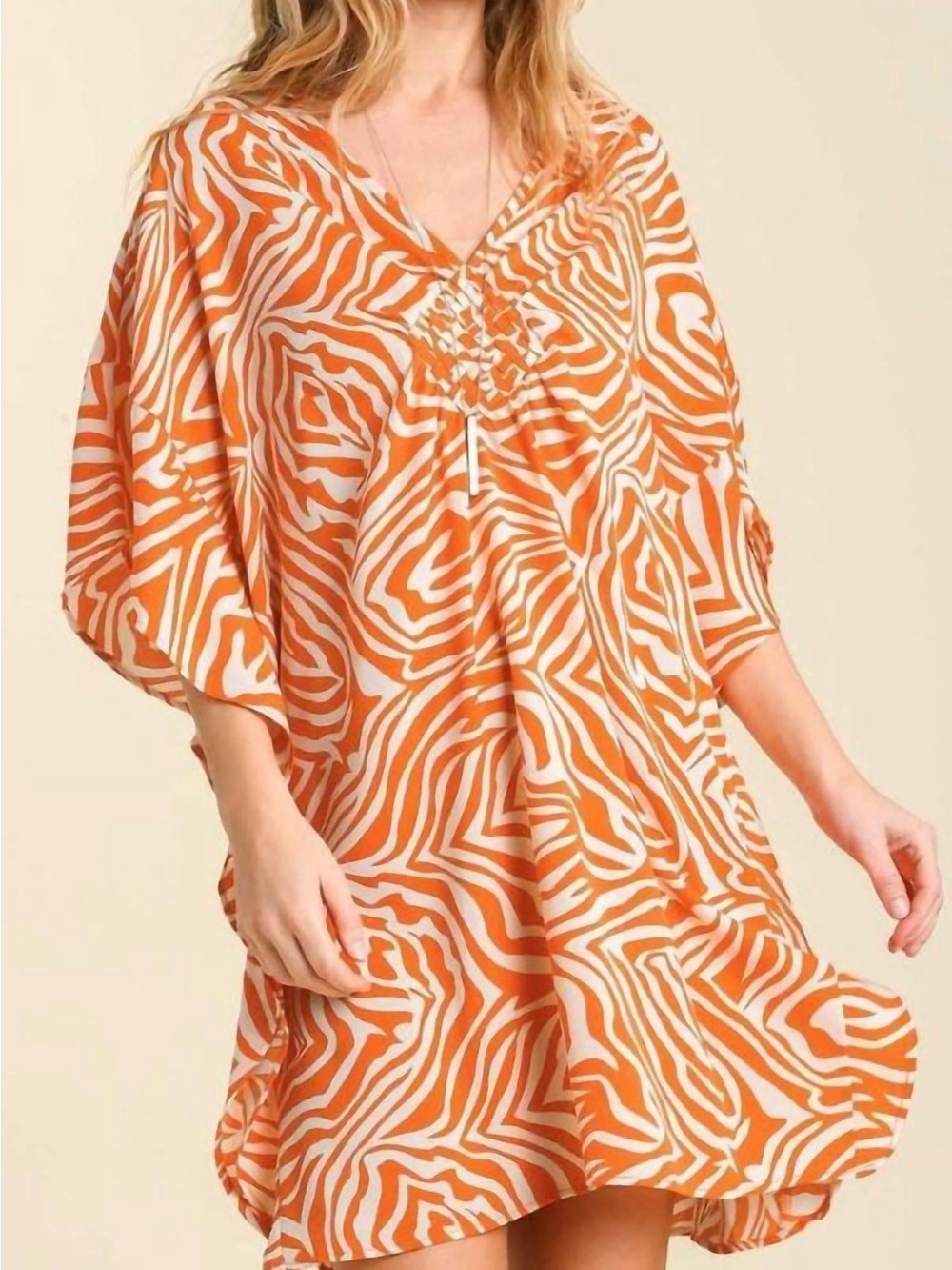 NWT Umgee Orange and White V-Neck Kaftan Zebra Print Swim Coverup Dress Size M/L